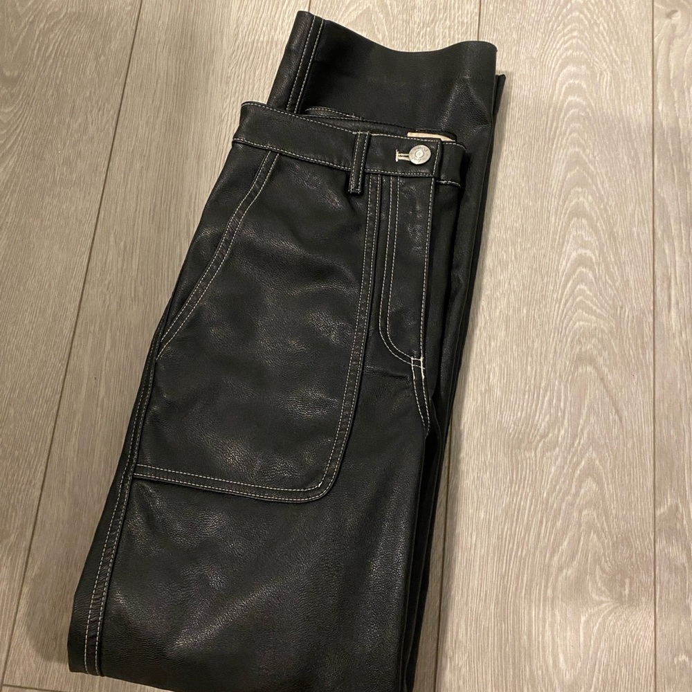 Aritzia Wilfred Black Leather White Stitch Pants